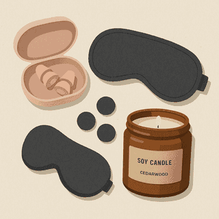 zatyczki do uszu Trisilence w różowym etui, opaska na oczy Unwind 100% zaciemnienia, naklejki LEDim blokujące światło i sojowa świeca Mindfulness o zapachu cedru