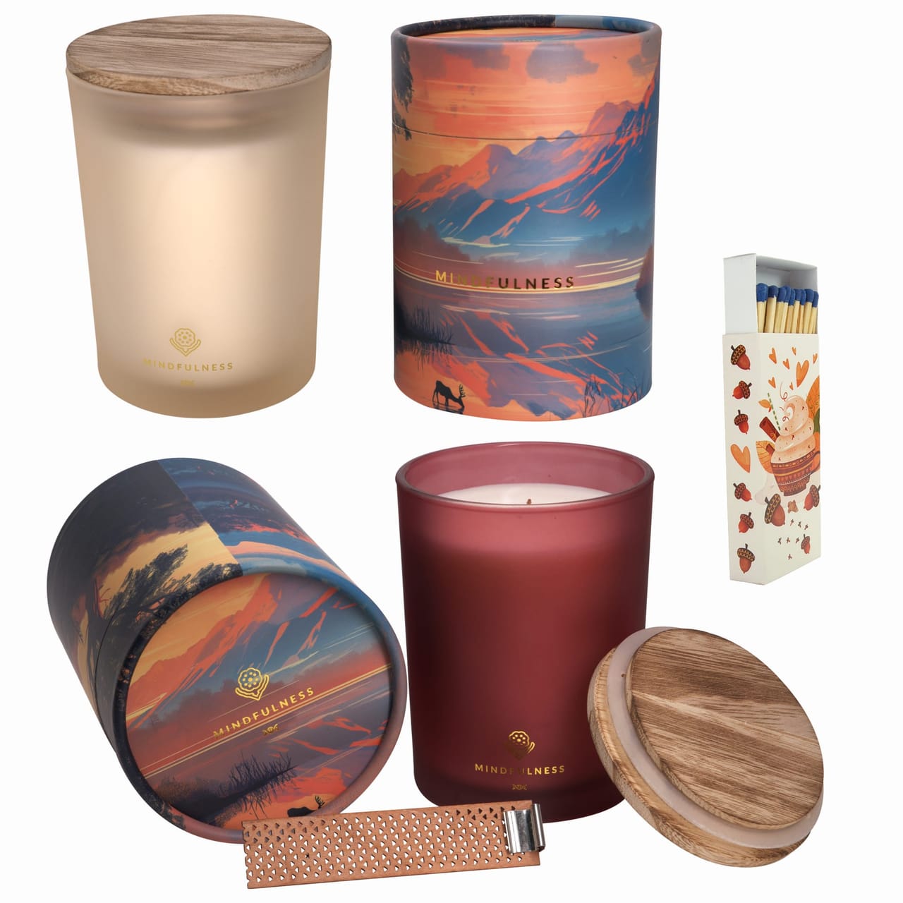 Zestaw świec sojowych Mindfulness z zapałkami Wołoszyn. Szklane słoiki. Kremowa, burgondowa. Drewniany knot. Złote logo. Kolorowe opakowanie na prezent.