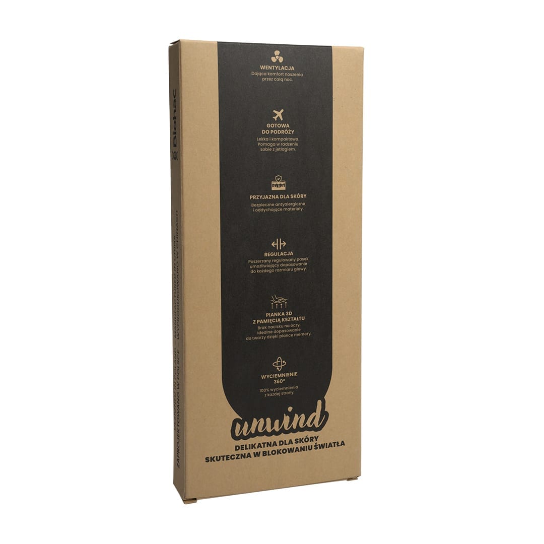 Opaska na oczy do spania Unwind w ekologicznym opakowaniu – skuteczna ochrona przed światłem