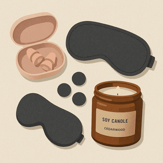 zatyczki do uszu Trisilence w różowym etui, opaska na oczy Unwind 100% zaciemnienia, naklejki LEDim blokujące światło i sojowa świeca Mindfulness o zapachu cedru