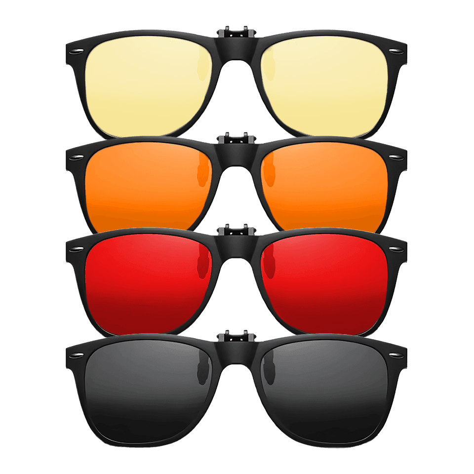 Nakładki Biohac Universal V2 – zestaw czterech wariantów: żółte DayGuard do pracy w dzień, pomarańczowe CoralGuard na wieczór, czerwone RedGuard na noc oraz czarne SunGuard Polarised na słońce