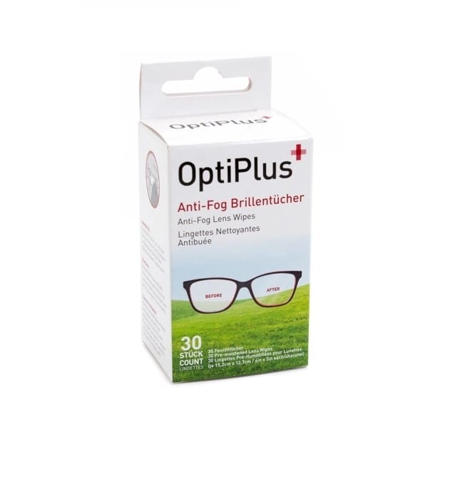 Opakowanie chusteczek OptiPlus Anti-Fog do okularów, 30 sztuk, białe pudełko
