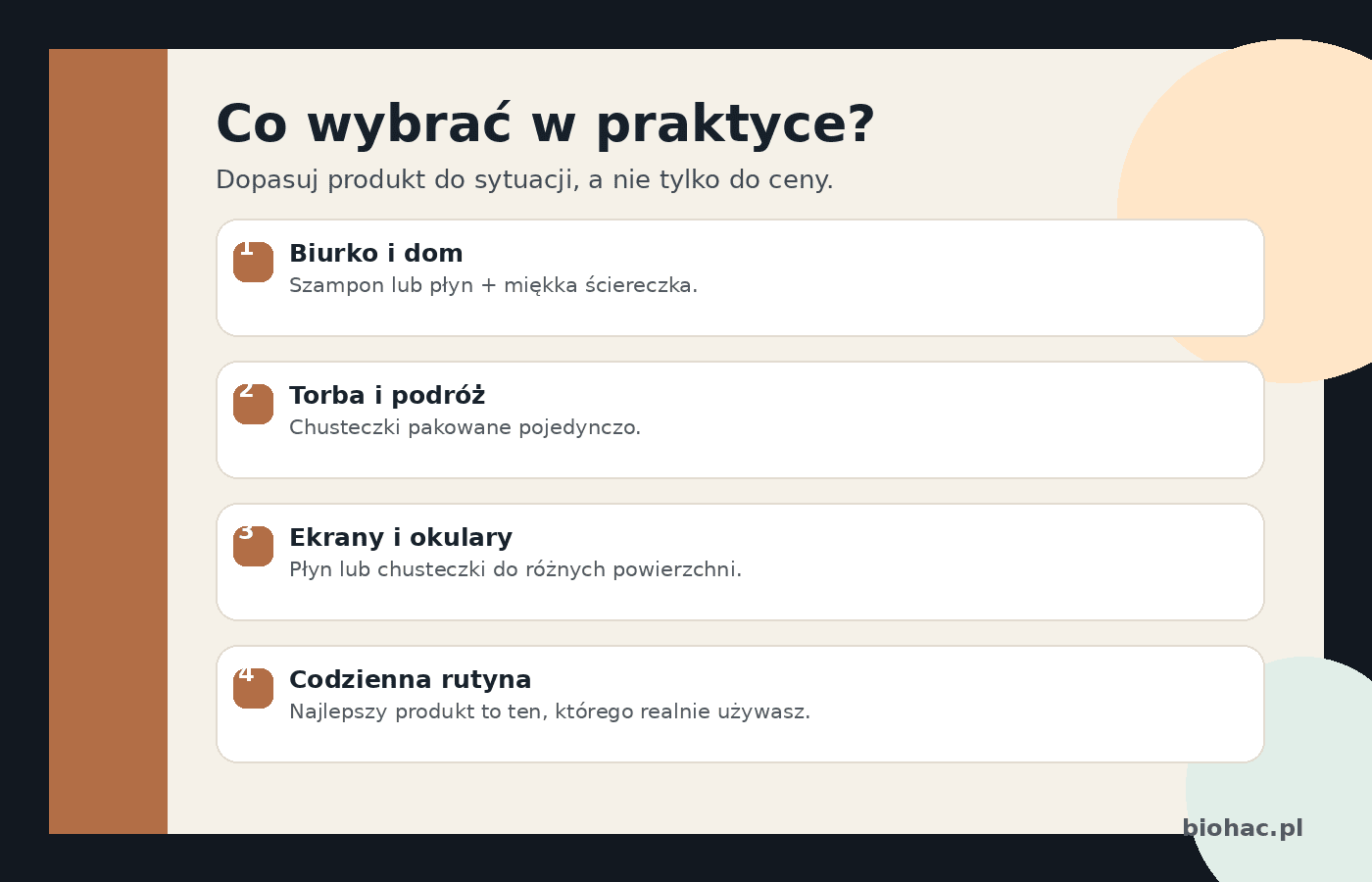 Infografika pokazująca, kiedy wybrać szampon, chusteczki albo płyn do okularów.
