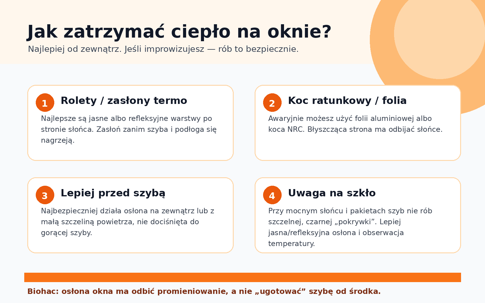 Infografika pokazująca rolety termoizolacyjne, folię aluminiową i koc ratunkowy jako sposoby na ograniczenie nagrzewania okna w upał