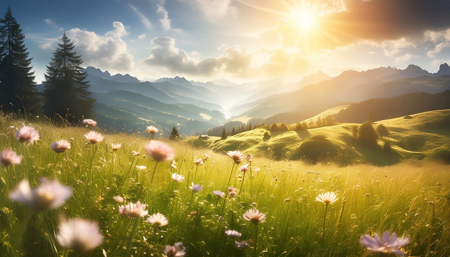 Zdjęcie przedstawia malowniczy krajobraz górski w słoneczny, letni dzień. W tle widoczne są pasma górskie oświetlone jasnym światłem słonecznym. Na pierwszym planie znajdują się kwitnące kwiaty na zielonej łące, które dodają uroku i koloru scenie. Jasne, intensywne światło podkreśla piękno natury i tworzy ciepłą, letnią atmosferę.