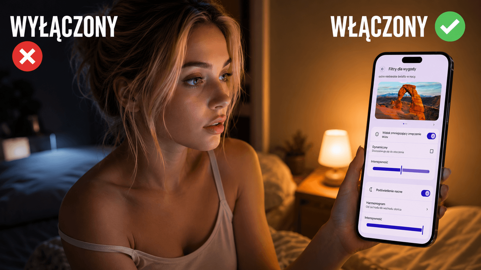 Kobieta przed snem włącza tryb nocny i filtr światła niebieskiego w telefonie