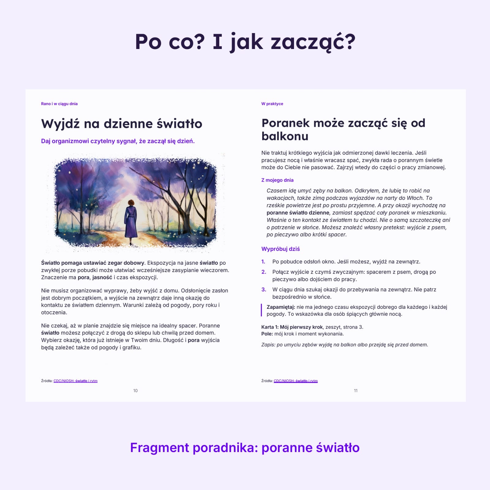 Rozkładówka poradnika o porannym świetle z przykładem pierwszego kroku