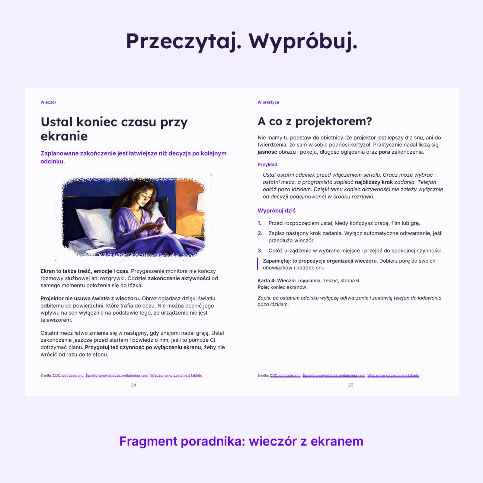 Rozkładówka e-booka o korzystaniu z telefonu i ekranów wieczorem