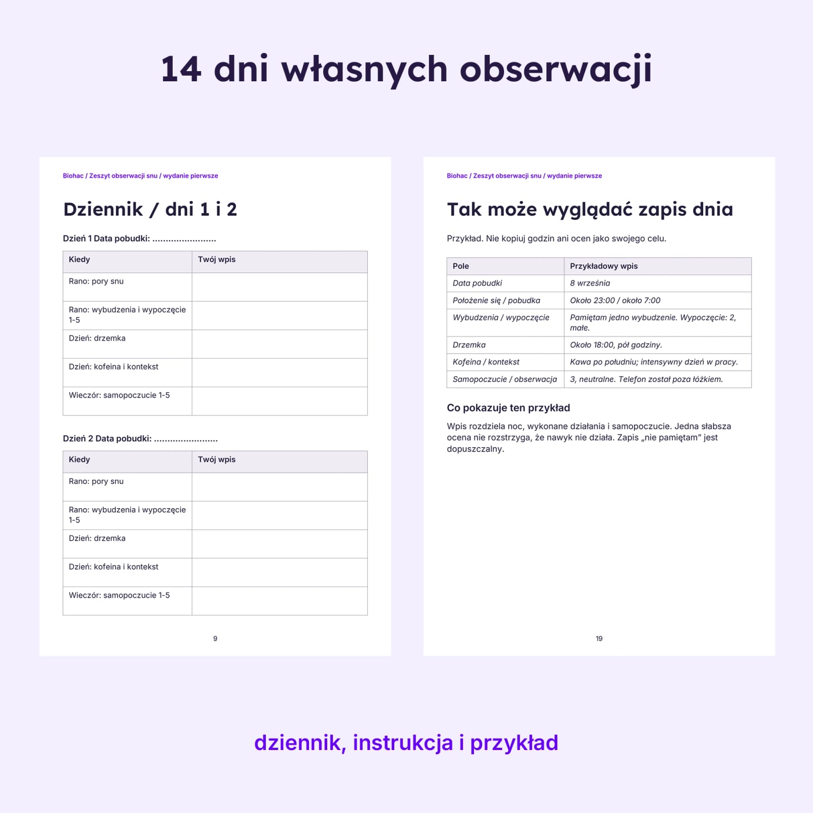 Dziennik snu i nawyków na 14 dni wraz z przykładem wypełnienia